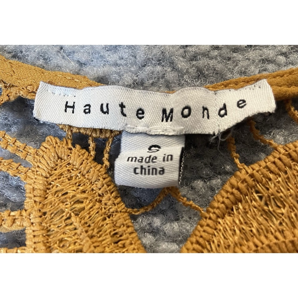 Haute Monde Floral Embroidery Peplum Blouse S Gold Lace Sheer Puff Sleeve Party - Picture 12 of 15